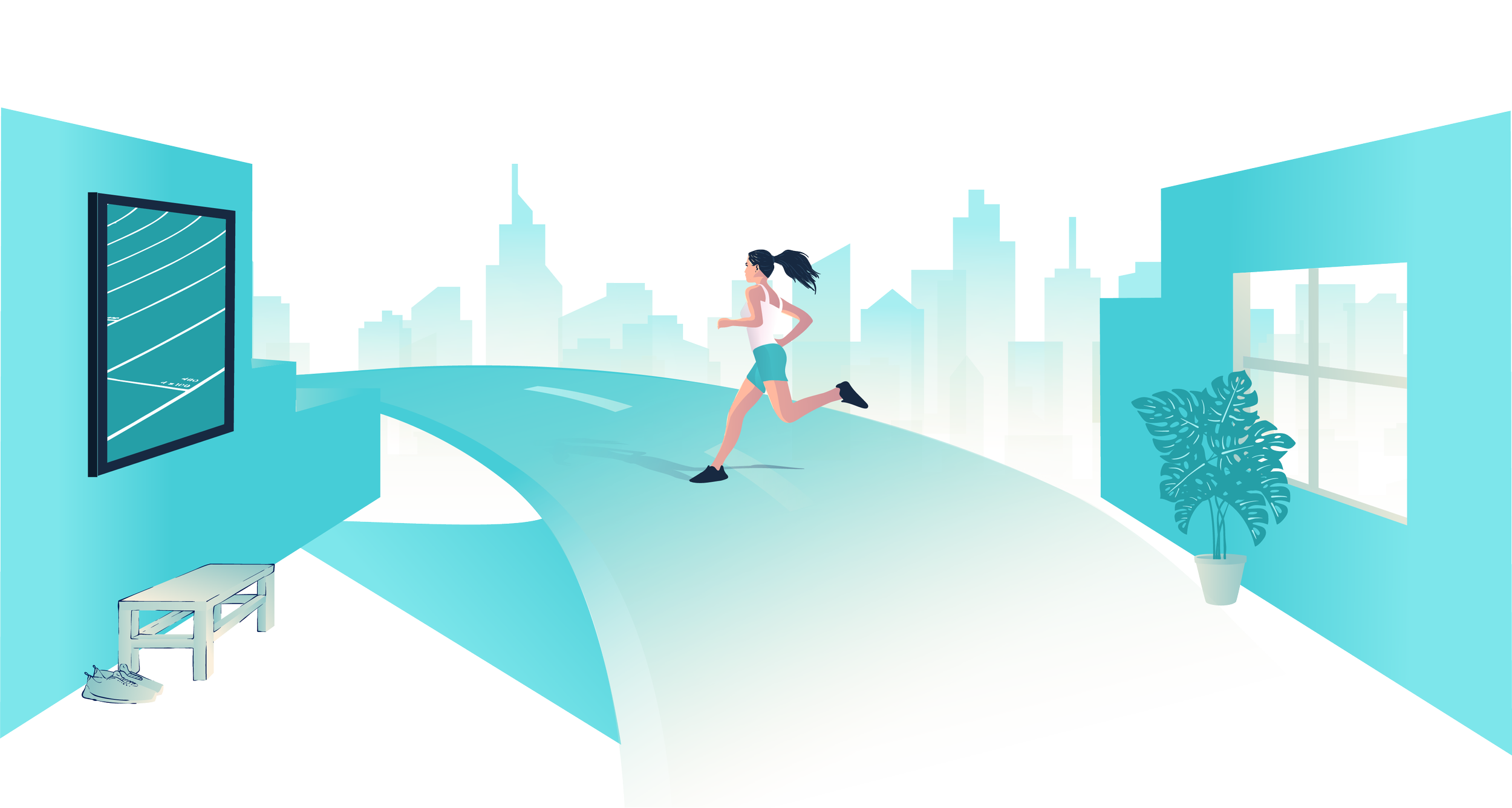 Illustration of a woman jogging on a curved indoor track in a modern city apartment with large windows, a potted plant, and a bench with shoes underneath.
