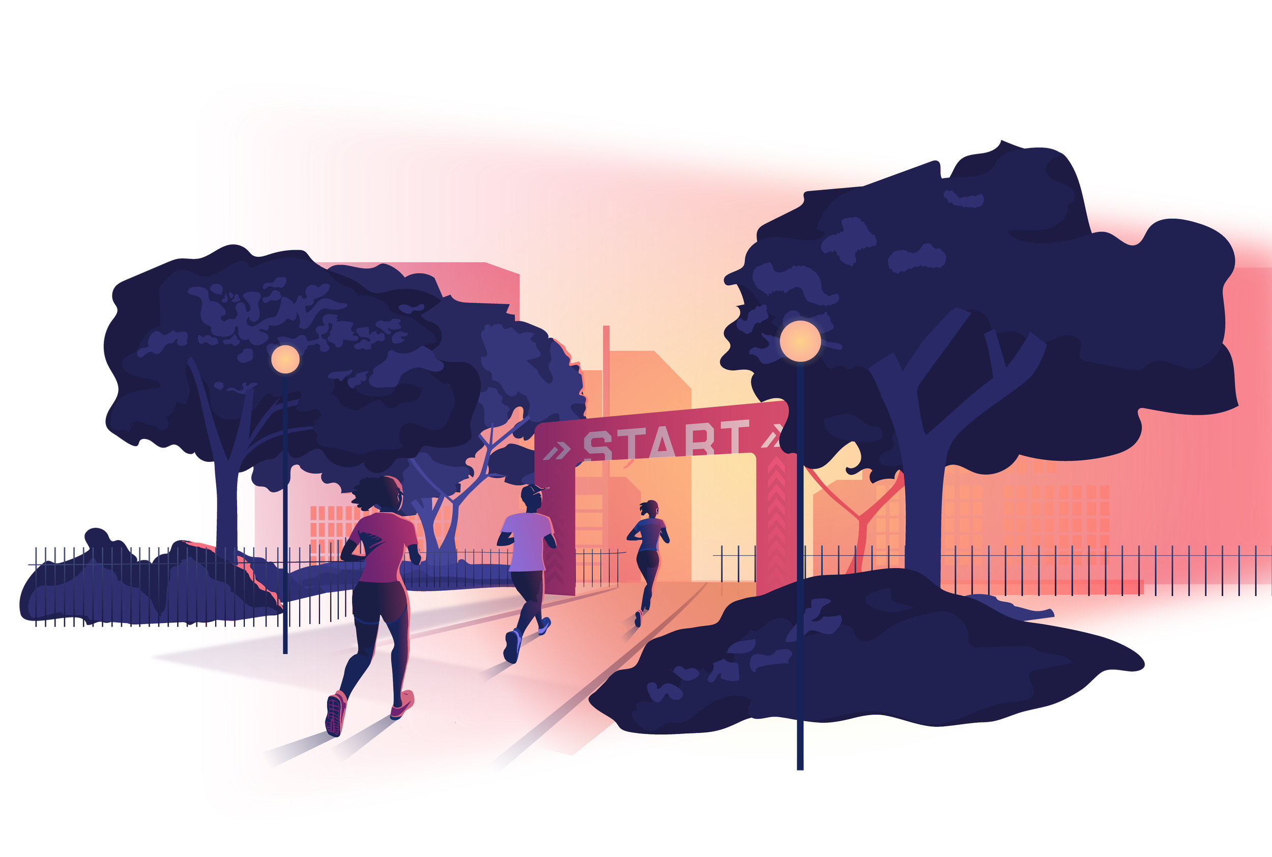 Illustration of a running race start line with three runners on a city sidewalk, trees, a fence, and city buildings in the background at sunset.