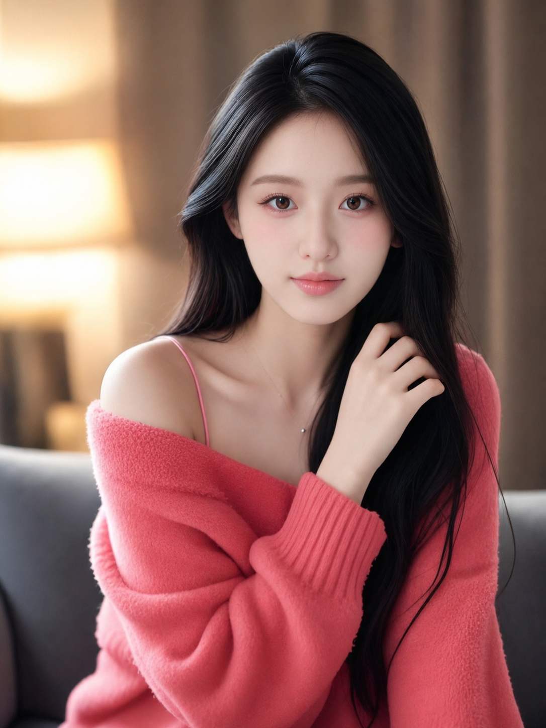 A young woman with long black hair and fair skin, wearing a pink off-shoulder sweater, sitting indoors with a blurred background and warm lighting.