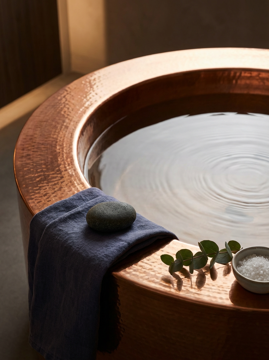 A round wooden bath tub filled with water, with a gray towel draped over the edge, topped with a smooth black stone, and a small bowl of bath salts beside it, with eucalyptus leaves as decoration.