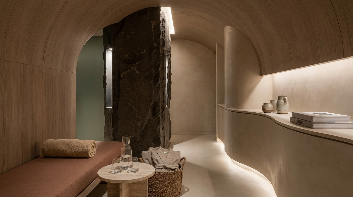 A minimalist, modern interior with curved beige and wooden walls, a large dark stone feature, a brown bench with a rolled towel, glasses and a decanter, and ceramic vases and books on a curved ledge.