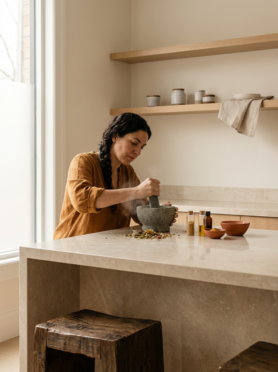 A woman using a mortar and pestle in a minimalist kitchen, with spice jars and bowls on the countertop.