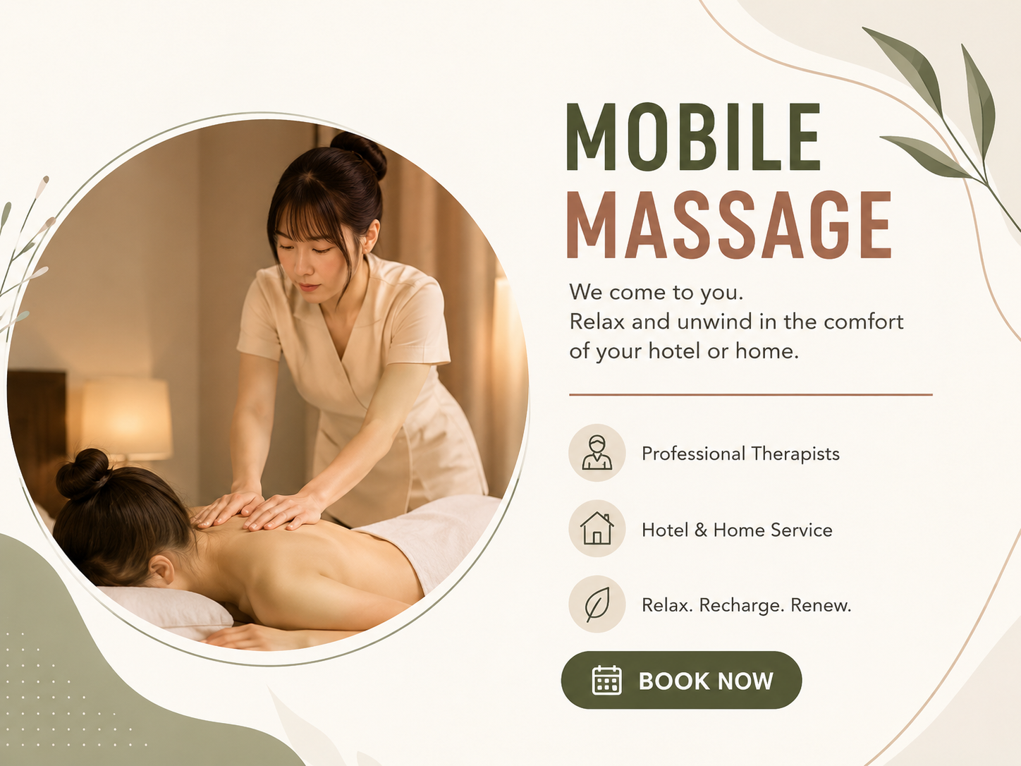 An advertisement for mobile massage services featuring a woman receiving a back massage from a therapist in a serene, warm-lit room and a call-to-action button labeled 'Book Now'.
