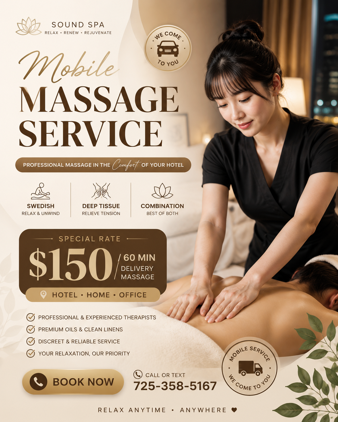 A promotional flyer for a mobile massage service offered by Sound Spa. It features a woman giving a massage to a person lying face down, with text advertising a $150, 60-minute massage available at hotels, home, or office, with contact information and services included.