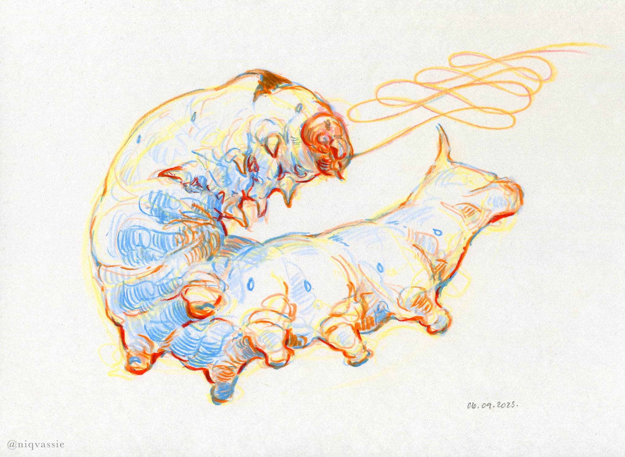 Personal work - silkworm spinning, neocolor2 pastels, 2025.