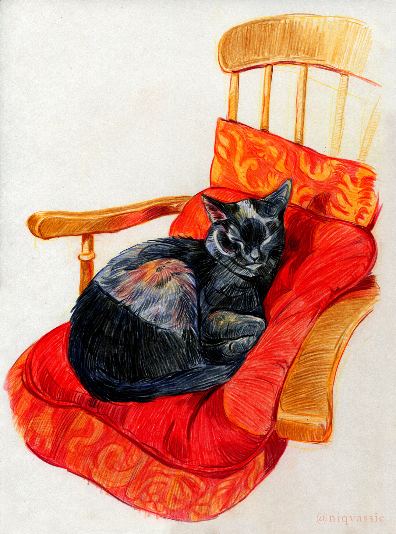 Personal work - asleep on the dining chair, coloured pencil, 2025.