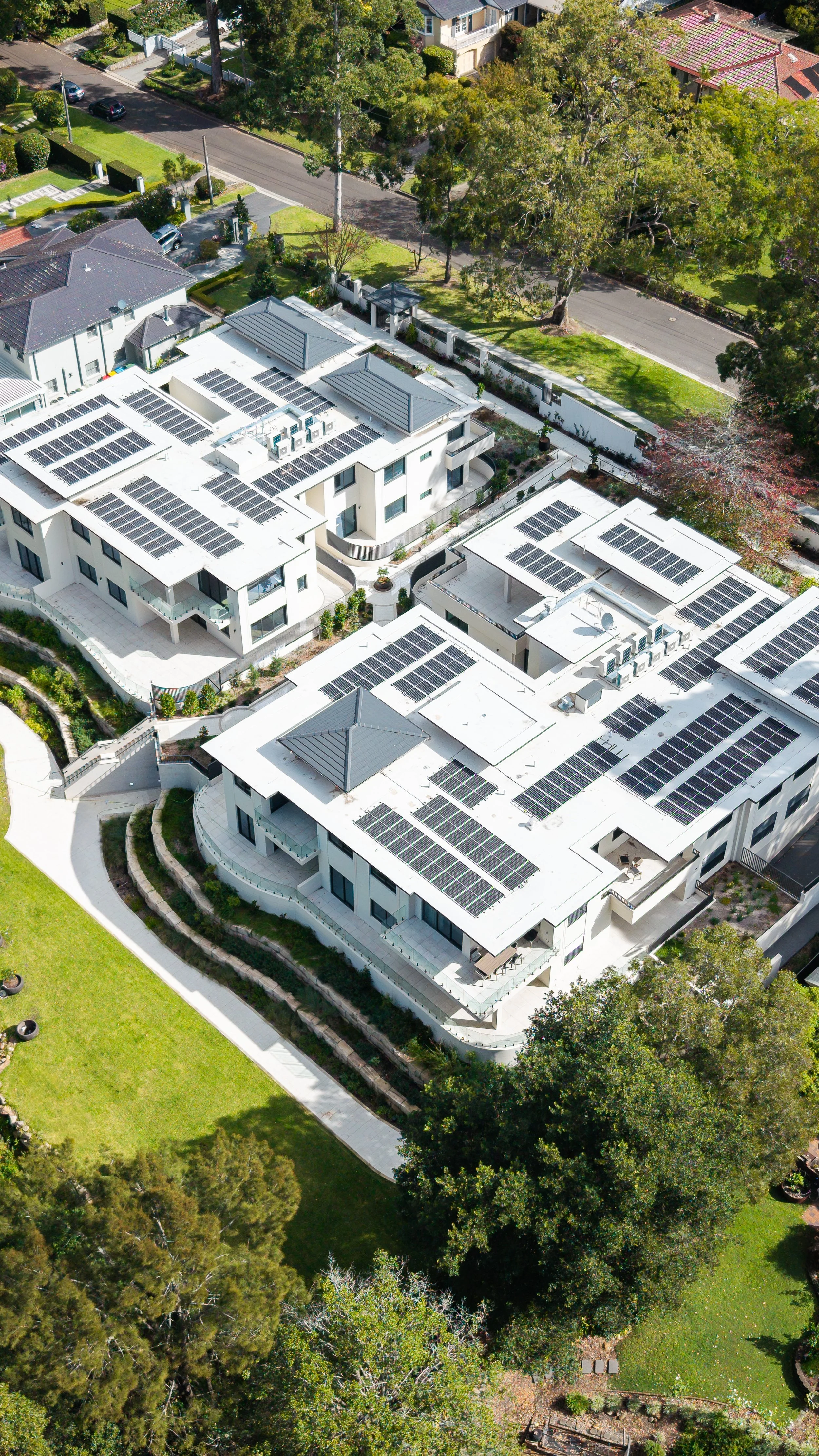 Aerial view of several modern white houses with solar panels on their roofs, surrounded by green lawns, trees, and a tree-lined street.