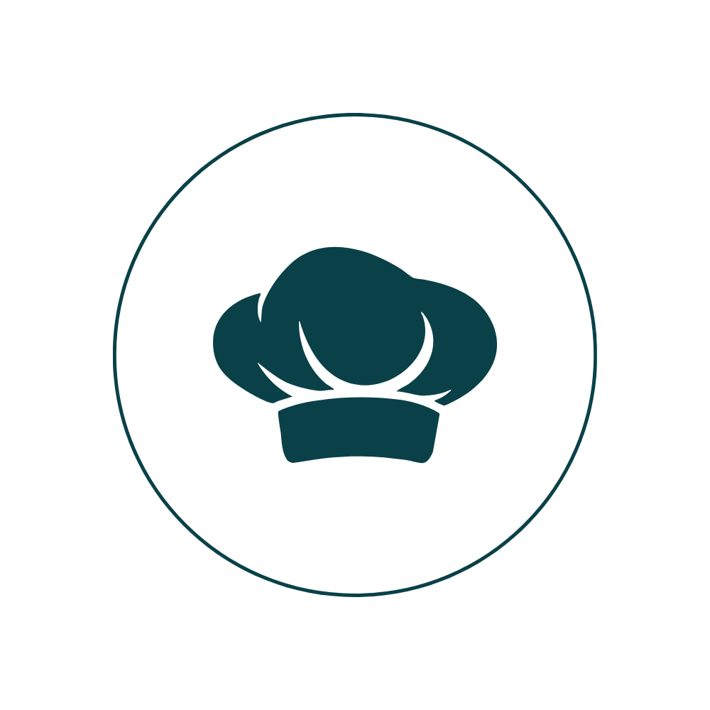 A simple icon of a chef's hat inside a circle.