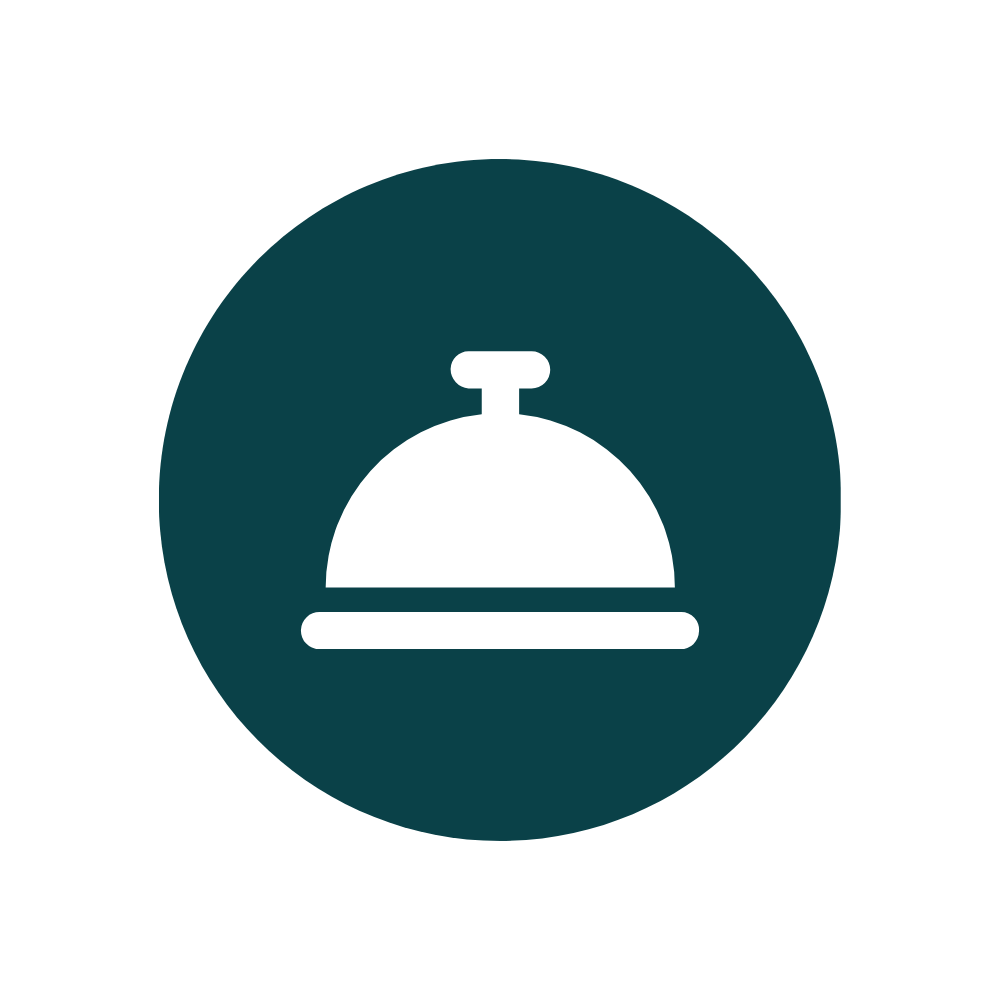 Icon of a hotel bell on a dark teal circular background.