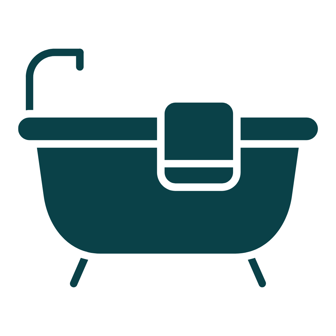 Simplified icon of a bathtub with a faucet and a towel hanging on the side.