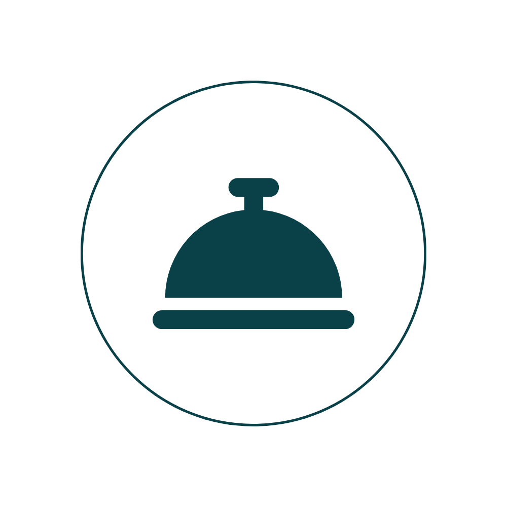 Icon of a hotel bell inside a circle, black and white design.