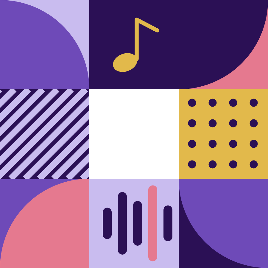 Colorful abstract pattern with musical note icon and graphical sound wave elements.