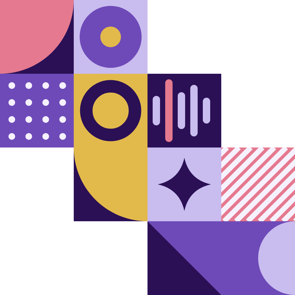 A colorful geometric abstract pattern with shapes including circles, squares, stripes, and stars in purple, pink, yellow, light purple, and black.