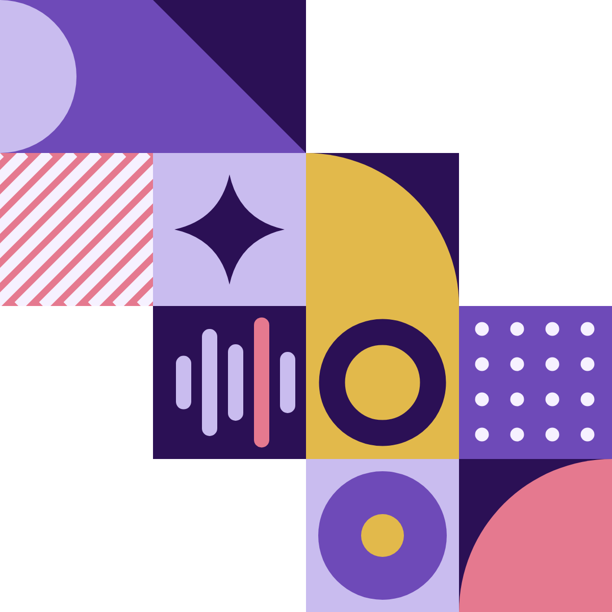 Abstract geometric pattern with squares, circles, lines, and star shapes in purple, yellow, pink, and black colors.
