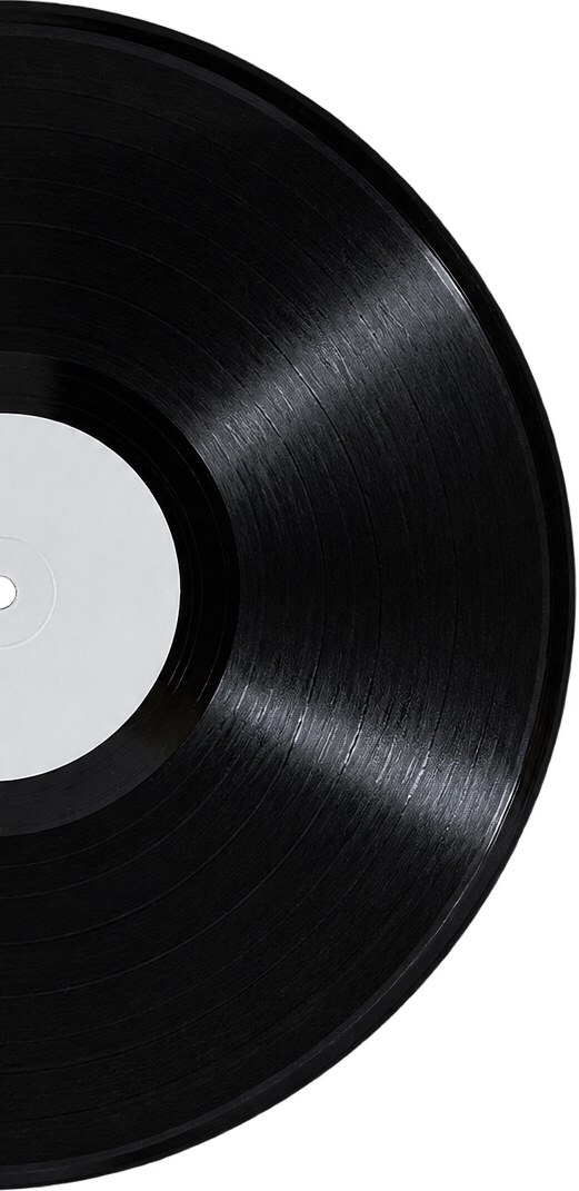 Close-up of a black vinyl record with a blank white label in the center, set against a black background.