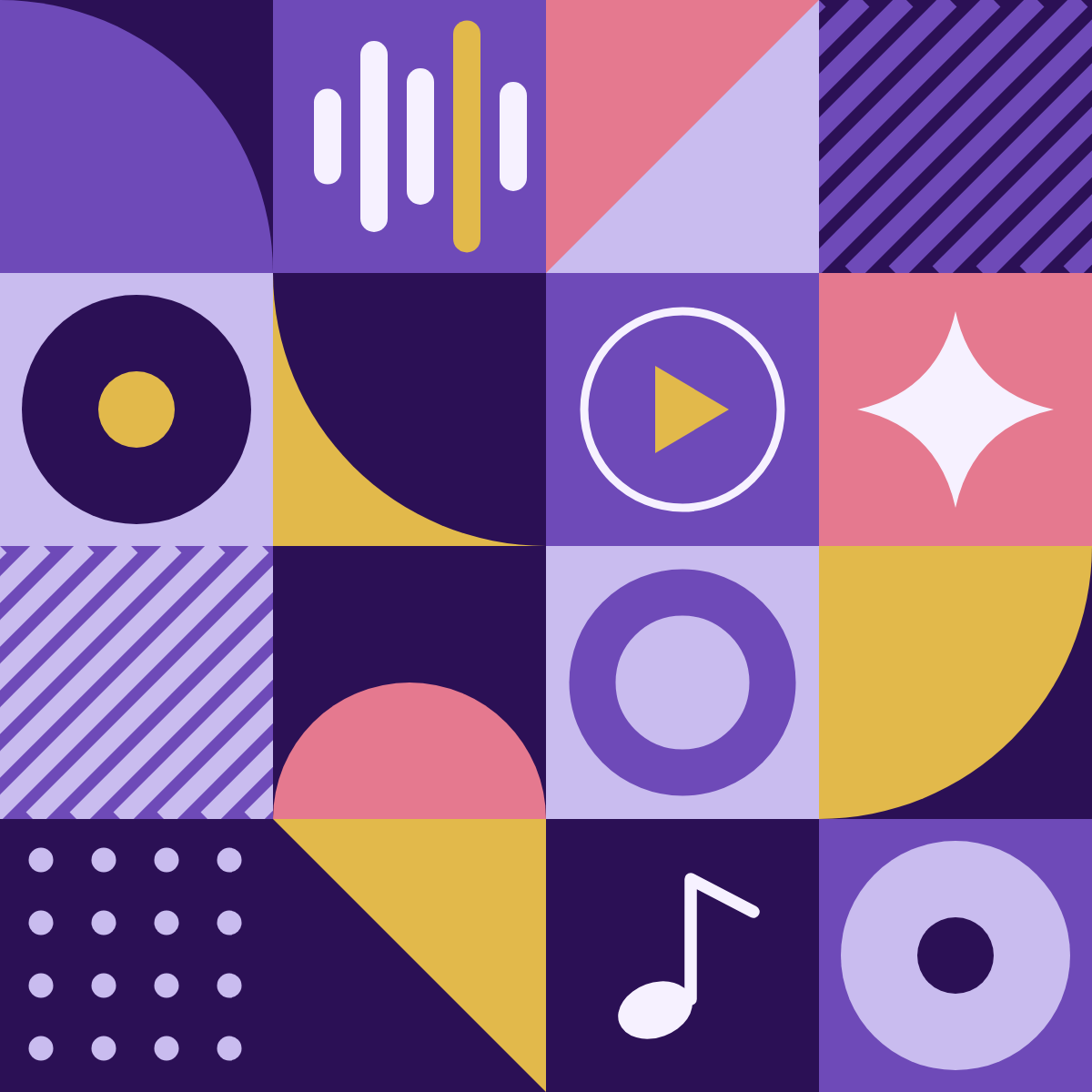A colorful, abstract mosaic of geometric shapes and icons, including sound waves, circles, a play button, musical note, and various patterns in purple, pink, and yellow.