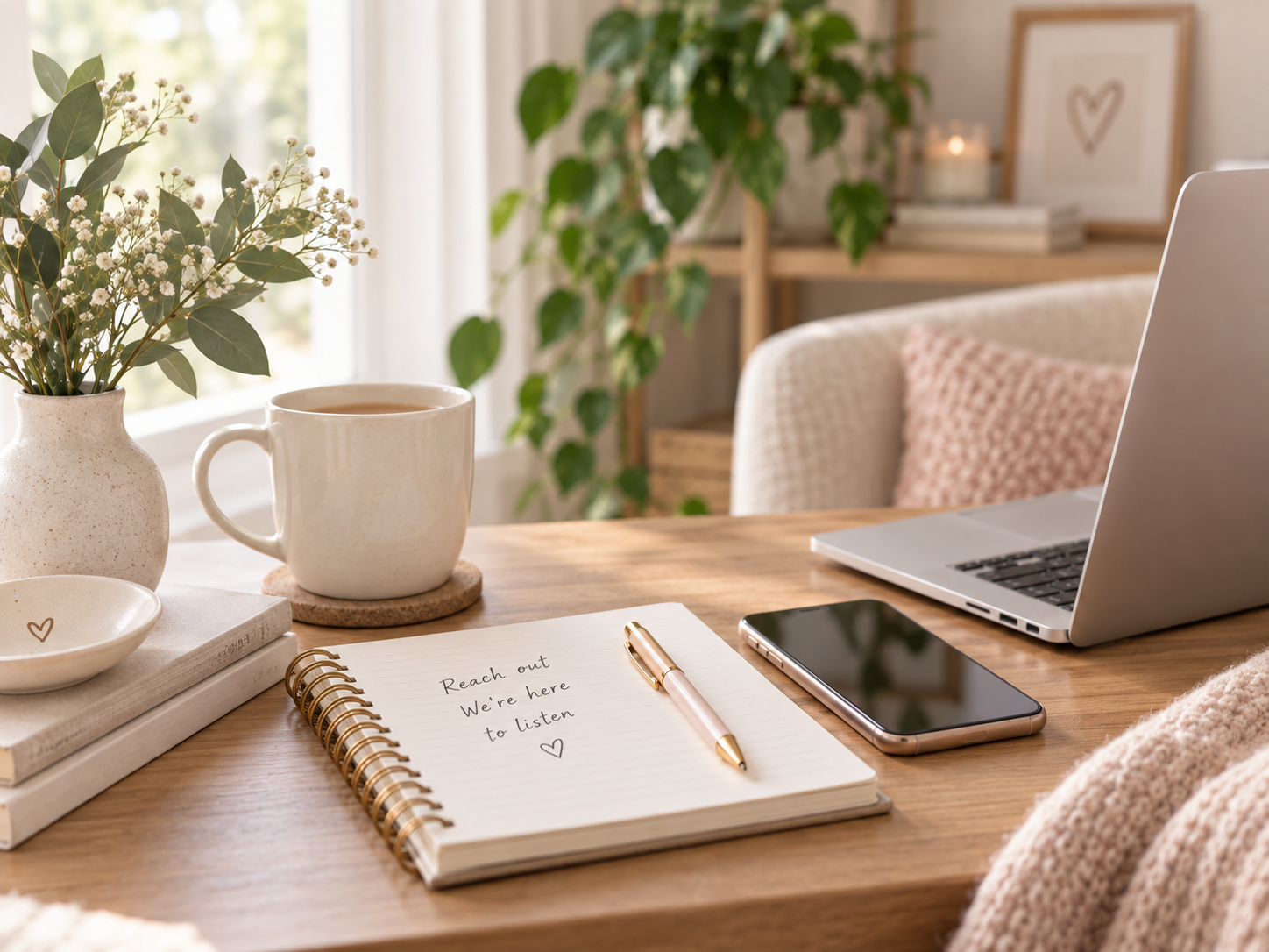 A cozy workspace with a wooden desk holding a notebook with a handwritten message, a pen, a smartphone, a laptop, a ceramic mug, a small dish, a stacked book, and a plant, with a soft background including a couch, framed art, and candles.