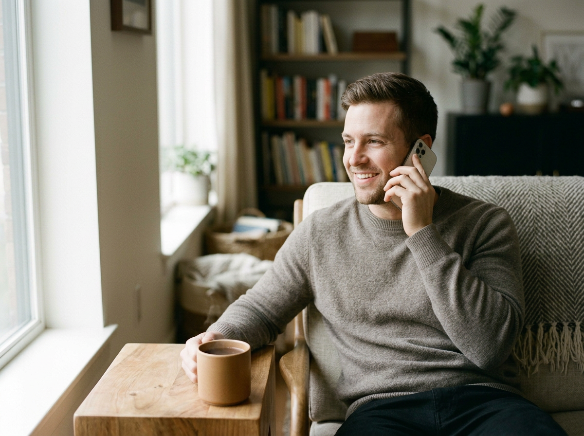 A young man sitting in a cozy living room, talking on a cellphone and holding a mug, smiling.