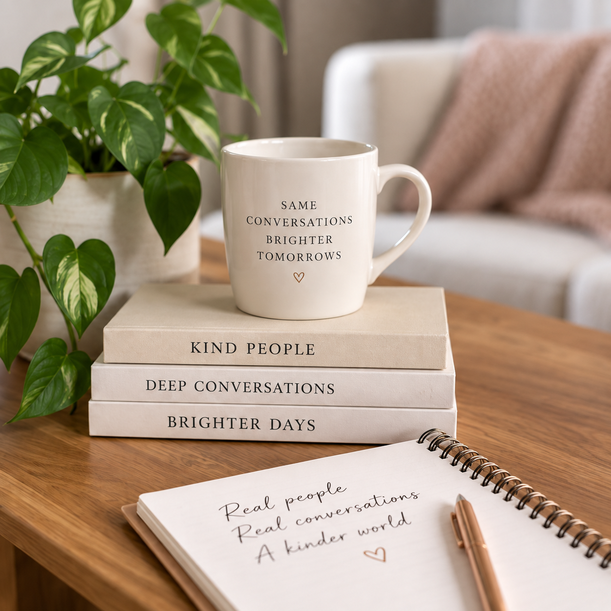 A cozy scene with a white mug that has the words "Same Conversations Brighter Tomorrows" and a small heart, sitting on top of three books with titles "Kind People," "Deep Conversations," and "Brighter Days." A potted green plant is nearby, and a spiral notebook with handwritten text and a pen rests on a wooden table. The background has a sofa with a pink blanket.