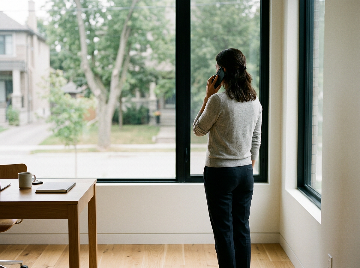 A woman standing inside a room, talking on a landline telephone, looking out a large window at a tree and houses outside.