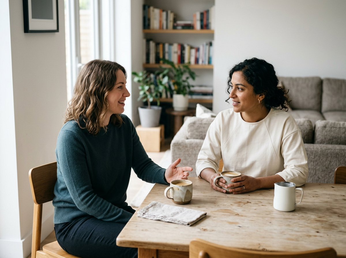 Two women sit at a wooden table, having a conversation and drinking coffee or tea, in a cozy living room with a bookshelf and sofa in the background.