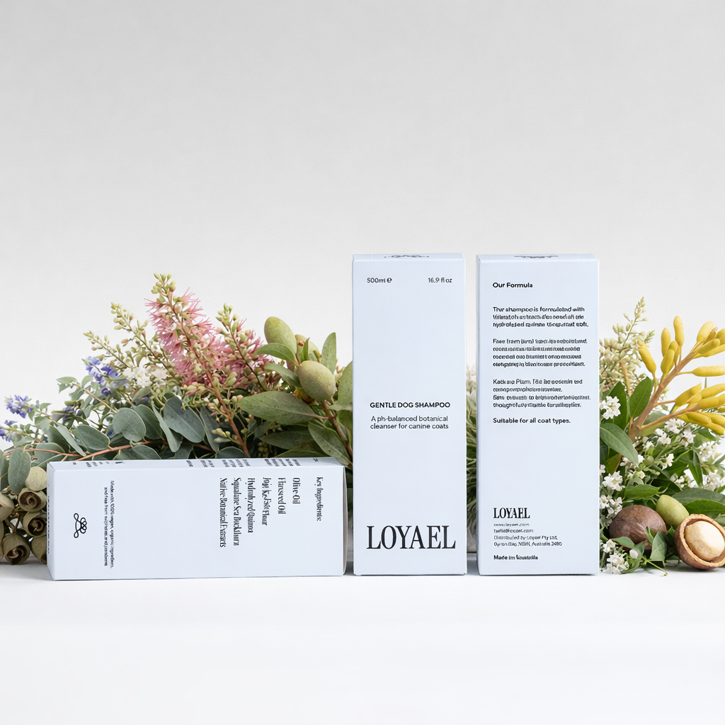 Three white boxes of LOYAEL pet grooming products are arranged with green and pink faux flowers behind them.