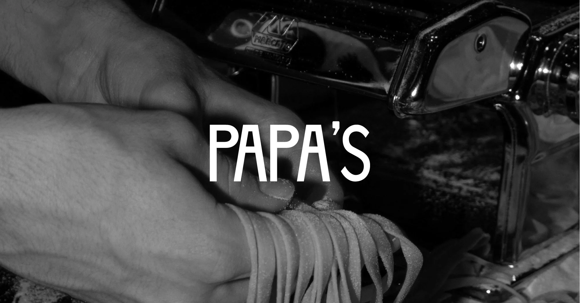 A close-up of a person's hand operating a bread slicing machine, with the word "PAPA'S" overlaid on the image.