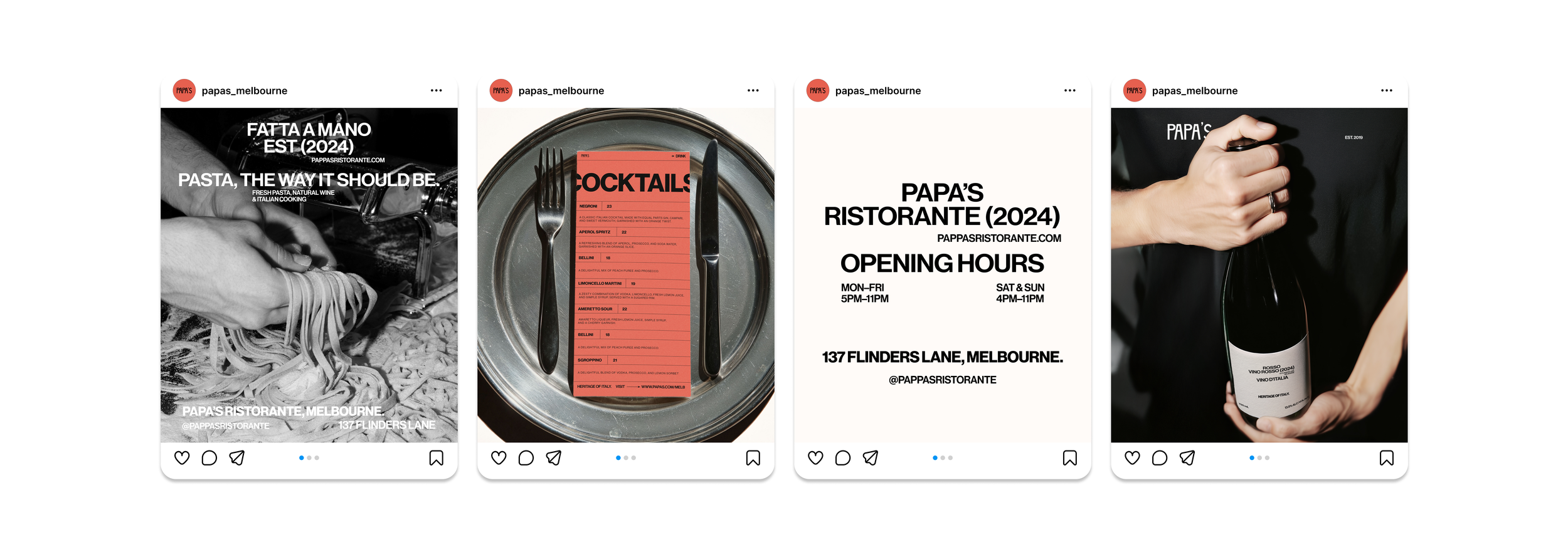 Social media posts from Pappa's Ristorante in Melbourne, featuring logo, pasta being cooked, cocktail menu on a plate, restaurant hours and address, and a person holding a wine bottle.