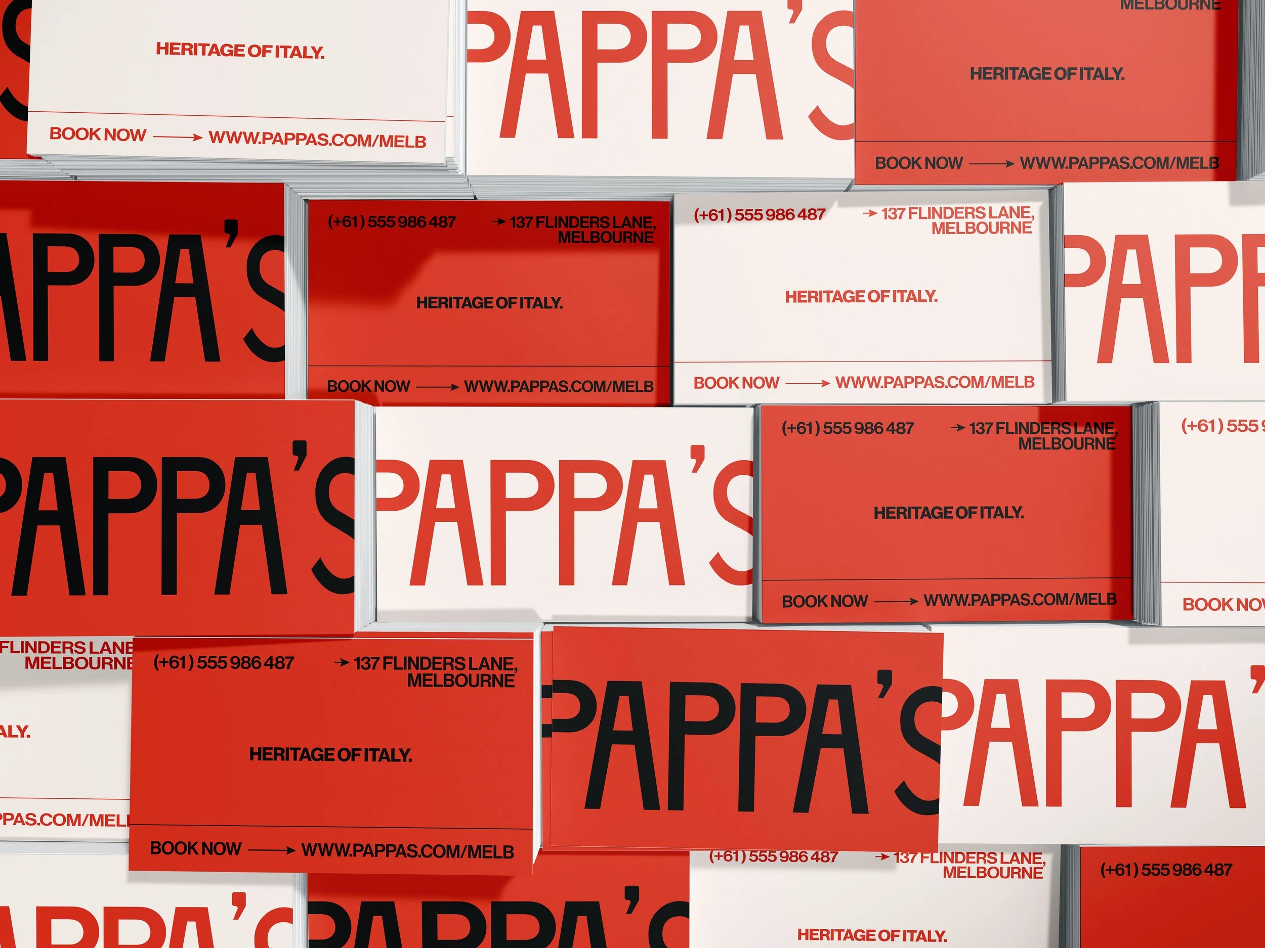 A collage of promotional flyers for Pappa's restaurant chain in Melbourne, with a red, black, and white color scheme, displaying the address 137 Flinders Lane, Melbourne, contact number (+61) 555 986 487, and website www.pappas.com/melb. The flyers i