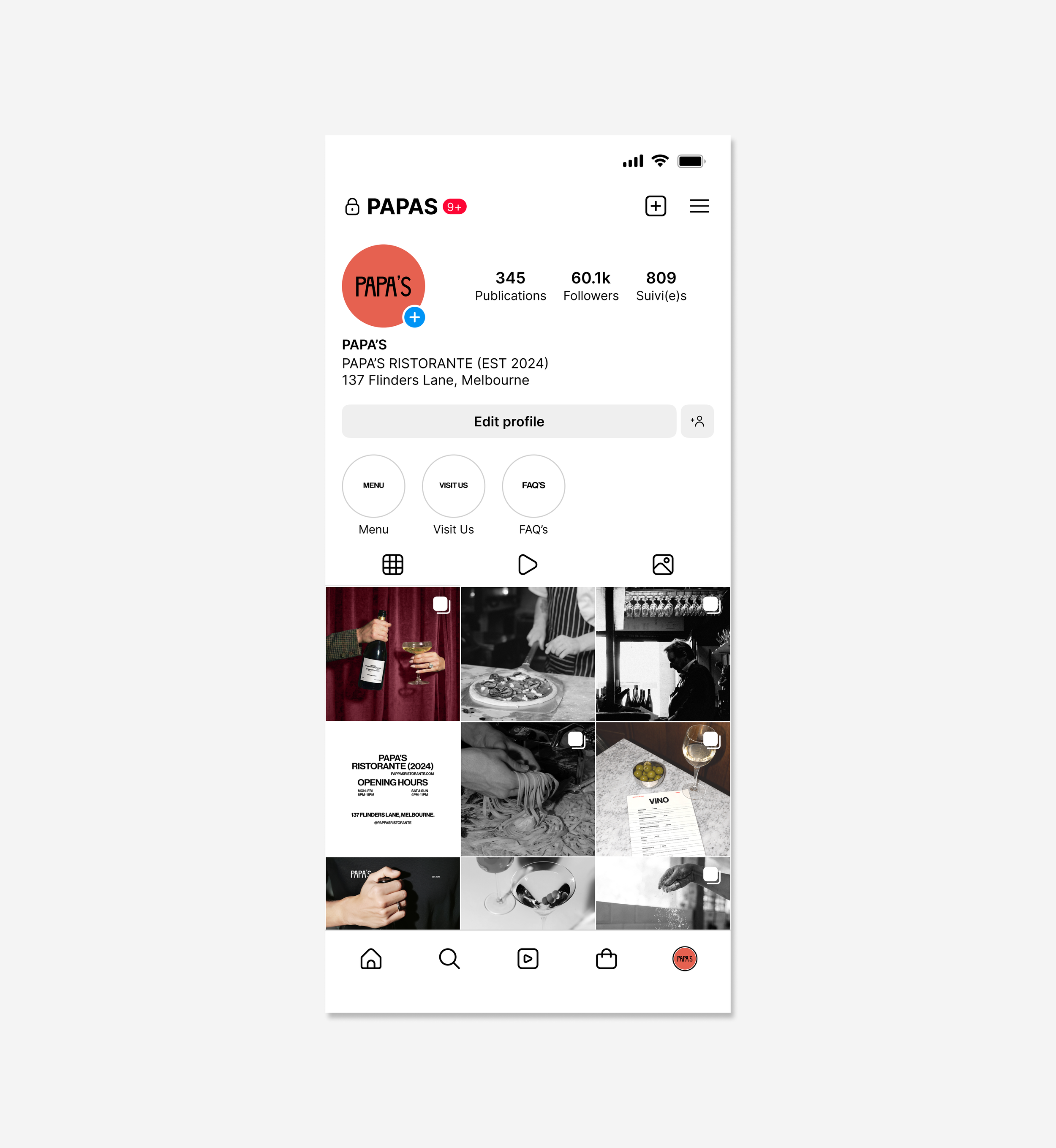 Mobile app screen showing a profile page for 'PAPAS' restaurant, with details about establishment, location, menu, visit, FAQ, and social media links, with a scrolling photo feed at the bottom.