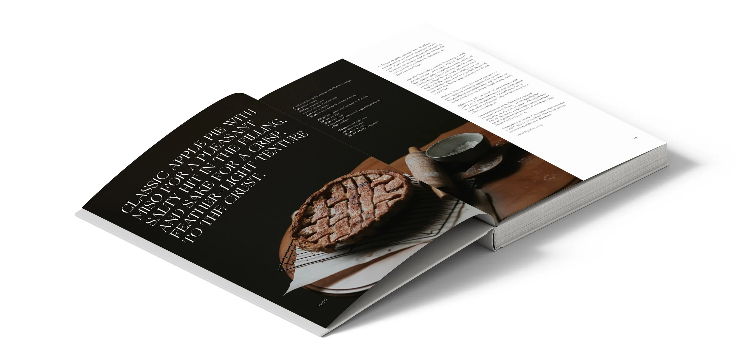 Open magazine featuring a picture of a lattice-topped pie on a wire rack, a small bowl of filling, and a rolling pin on a wooden surface.