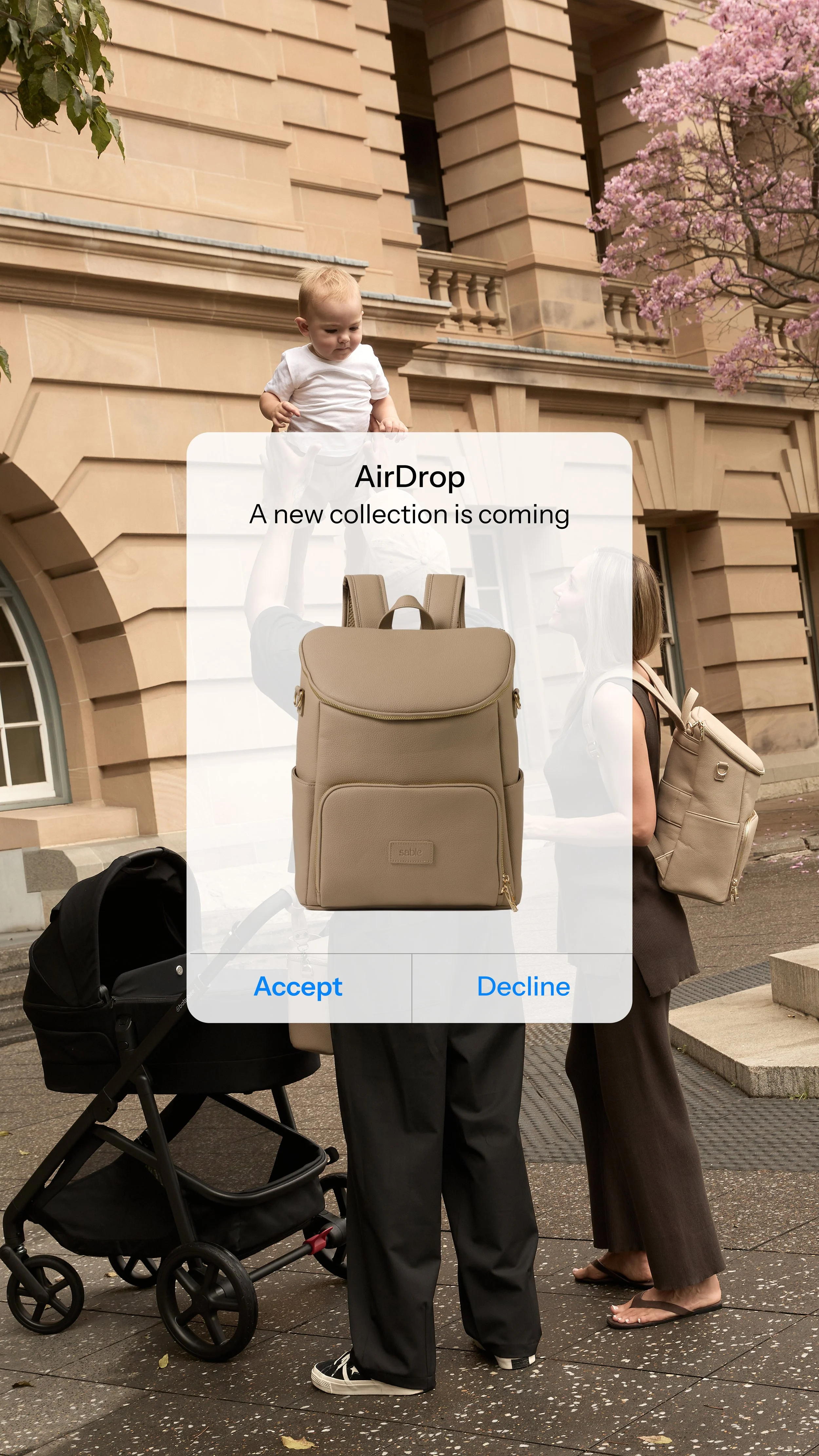 A child being lifted by an adult in front of a beige building with pink flowering trees. A stroller and backpacks are also visible.