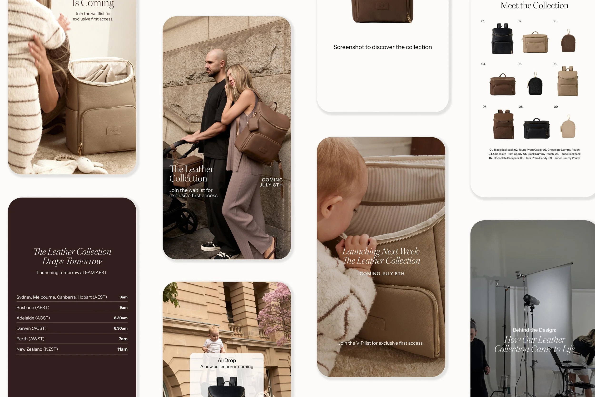Collection advertisement for leather handbags and backpacks featuring photos of people with the bags, a color palette, and product launch details.