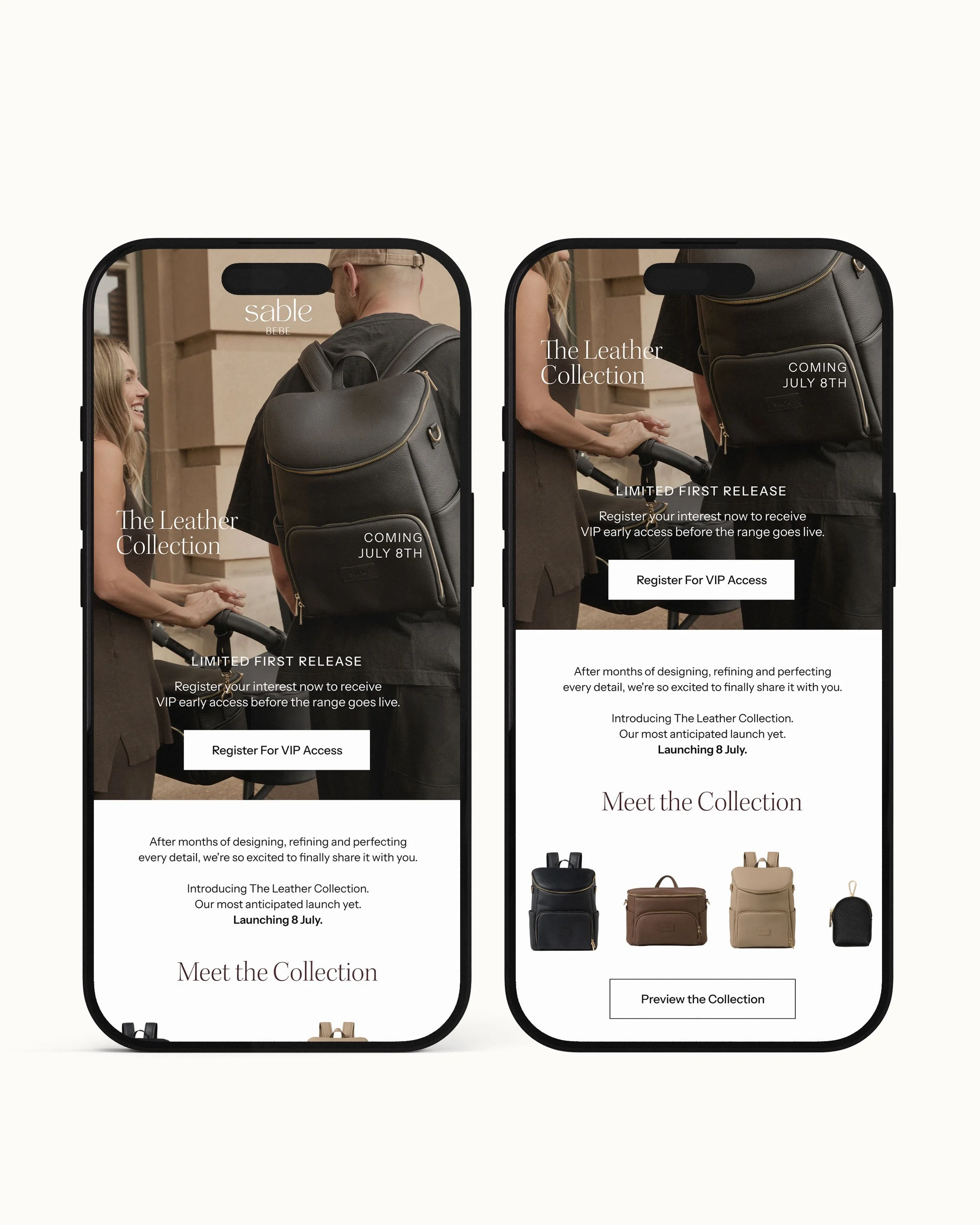 Two smartphone screens displaying a website for a leather collection, featuring a woman with blonde hair pushing a stroller and a man with a backpack on a city street, announcing the launch date of July 8th, and images of various bags and a button to