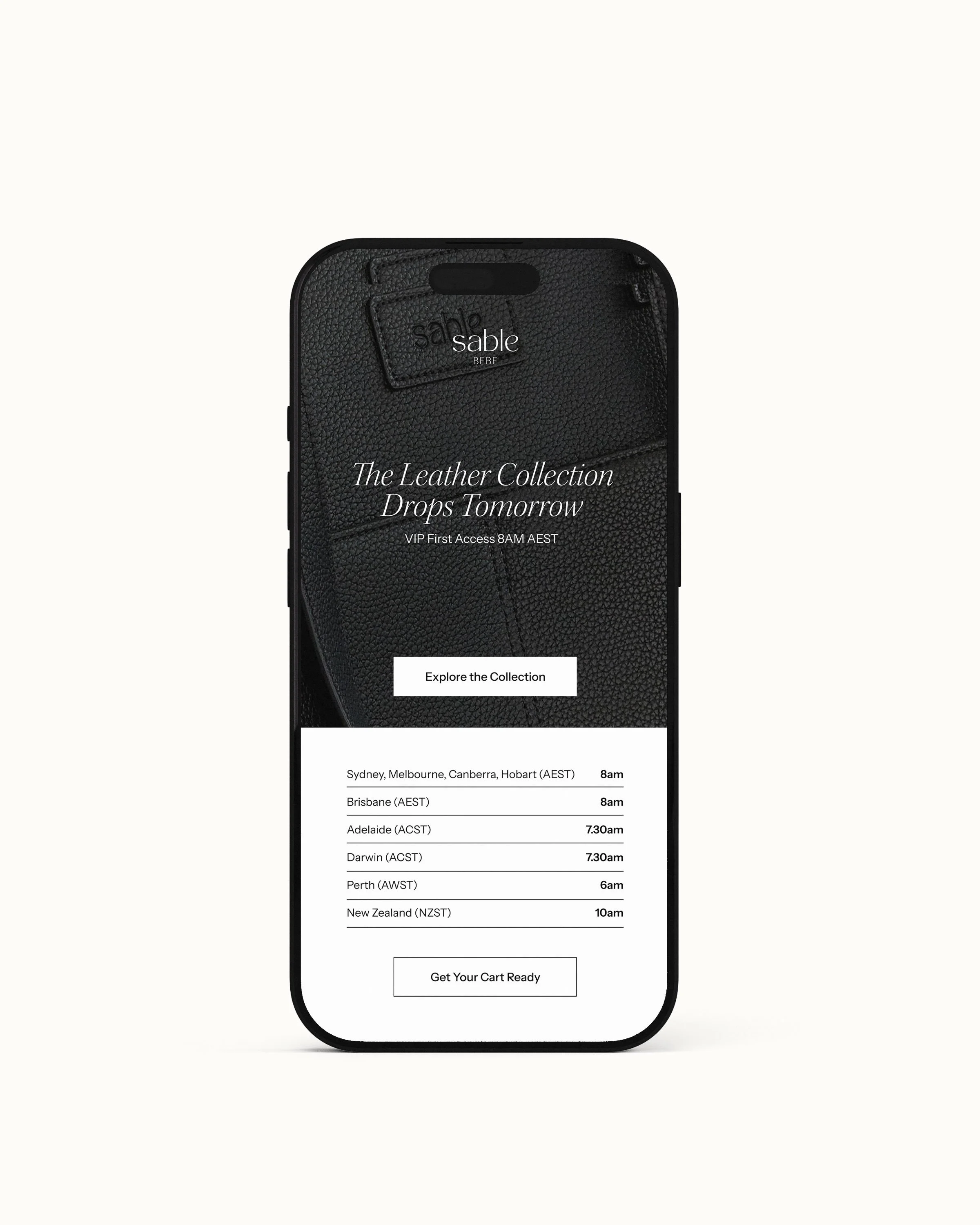 A smartphone screen displaying a travel planning app with a black textured background and white text. The app announces the launch of the leather collection with VIP early access at 8 AM AEST, and provides flight departure times from various Australi