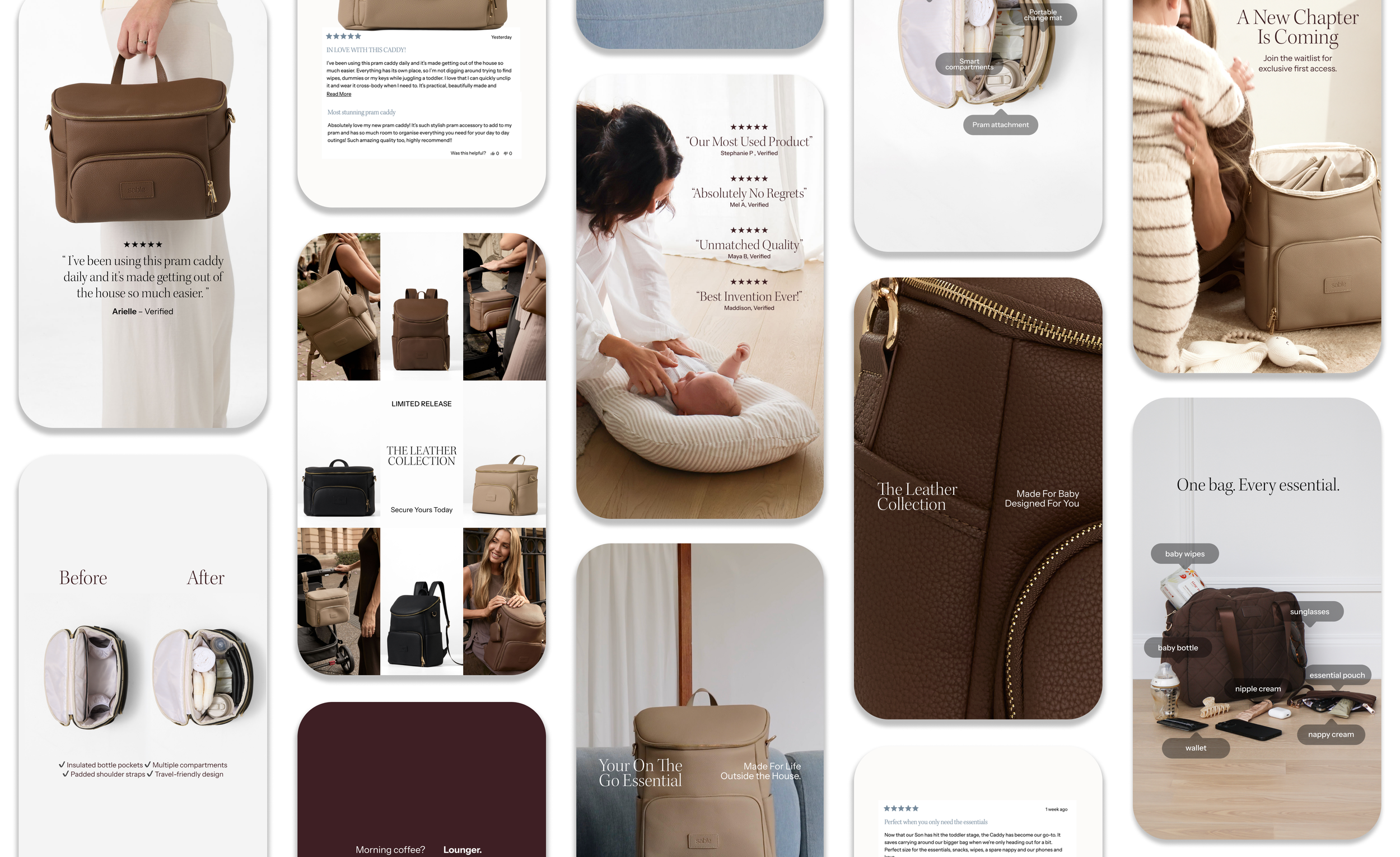 Collage of images and reviews showcasing various bags and accessories, including a brown pram caddy, baby diaper bag, and organized compartments, with people using the bags and highlighting their features.