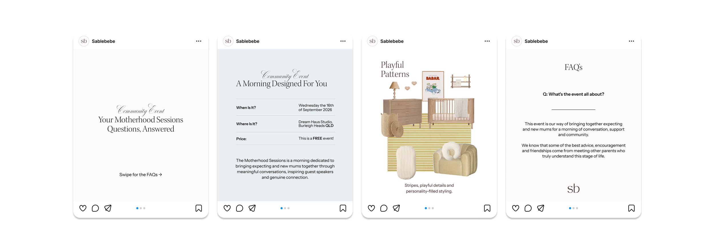 Screenshots of social media posts promoting a motherhood event with details about sessions, the event's theme, and FAQs.
