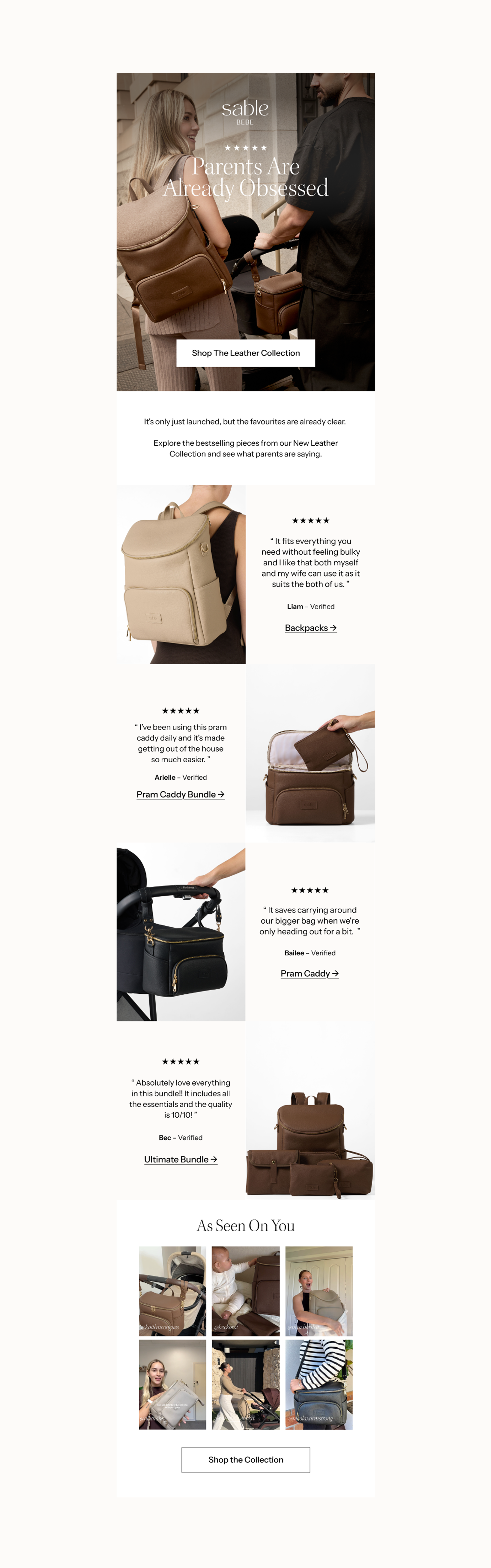 An advertisement for Sable baby bags and backpacks featuring images of women with various bags, customer reviews, and photos of the bags in use.