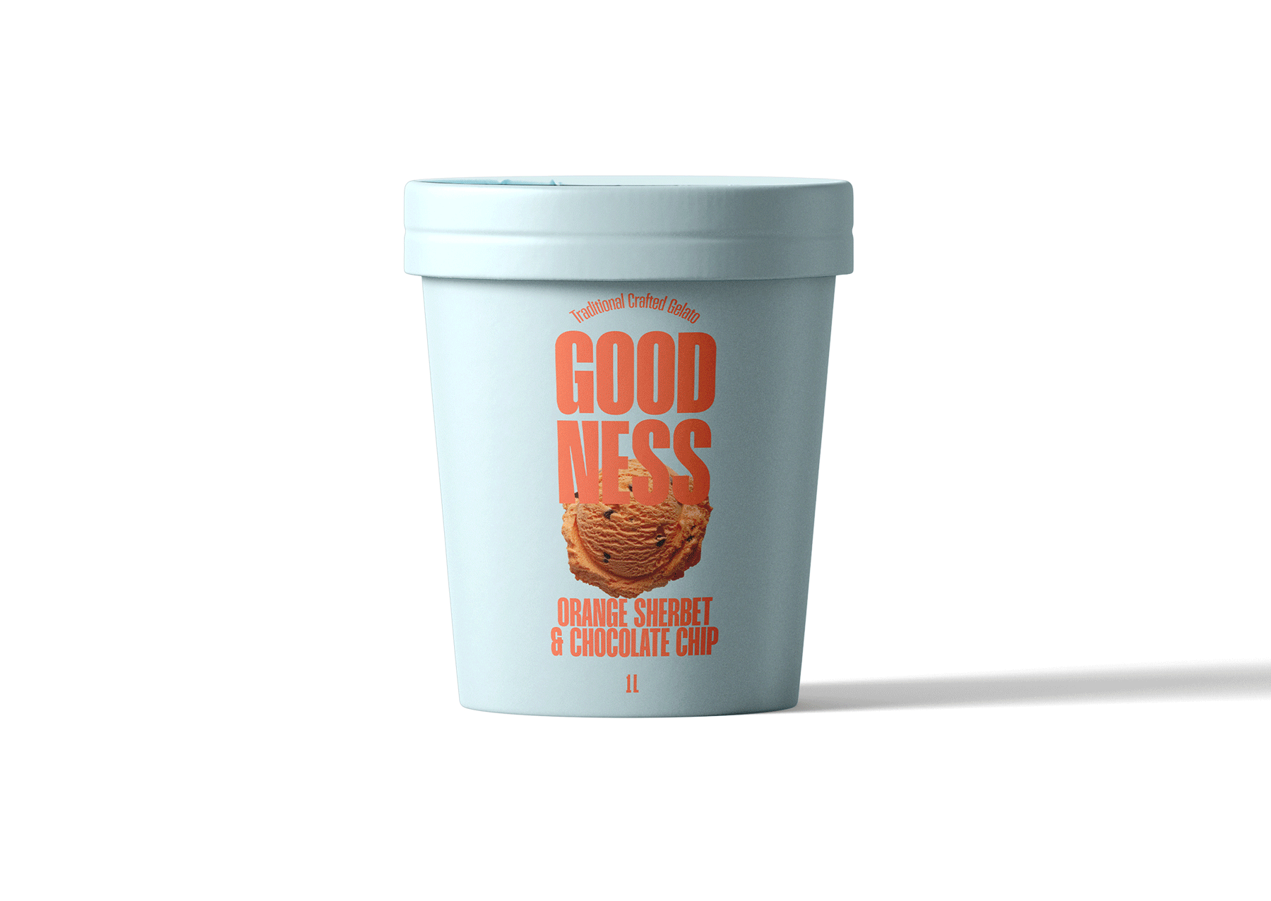 A light blue 1-liter container of gelato with a lid, labeled 'Good Ness' with an image of orange sherbet and chocolate chips, flavor is orange sherbet and chocolate chip.