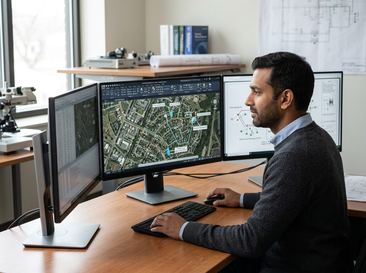Man working at a desk with multiple monitors displaying maps and technical diagrams in an office.