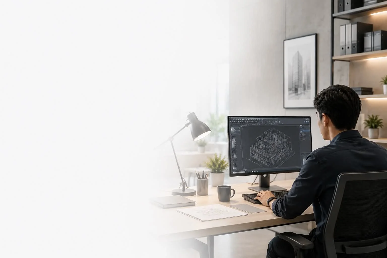 Man working on architectural design at a desk in a modern office