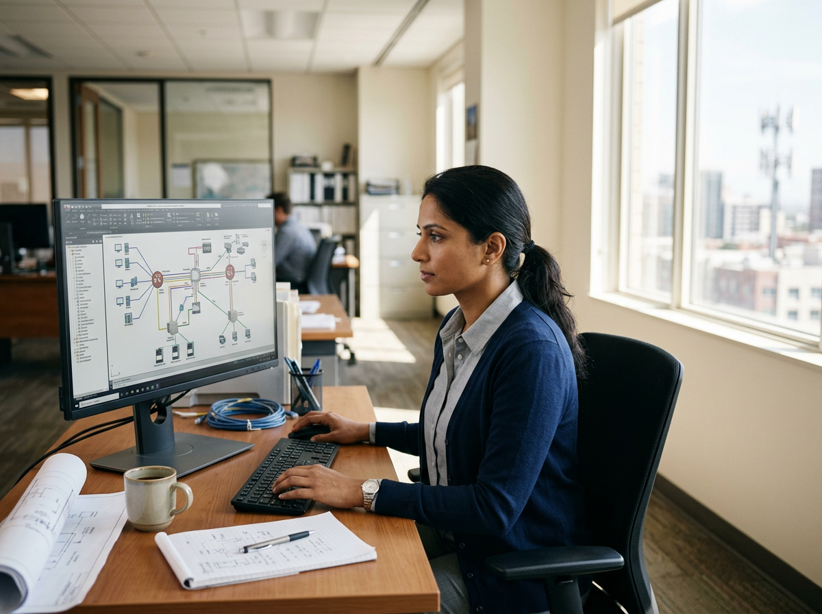 Woman working on a computer in an office, analyzing a network diagram on the screen.