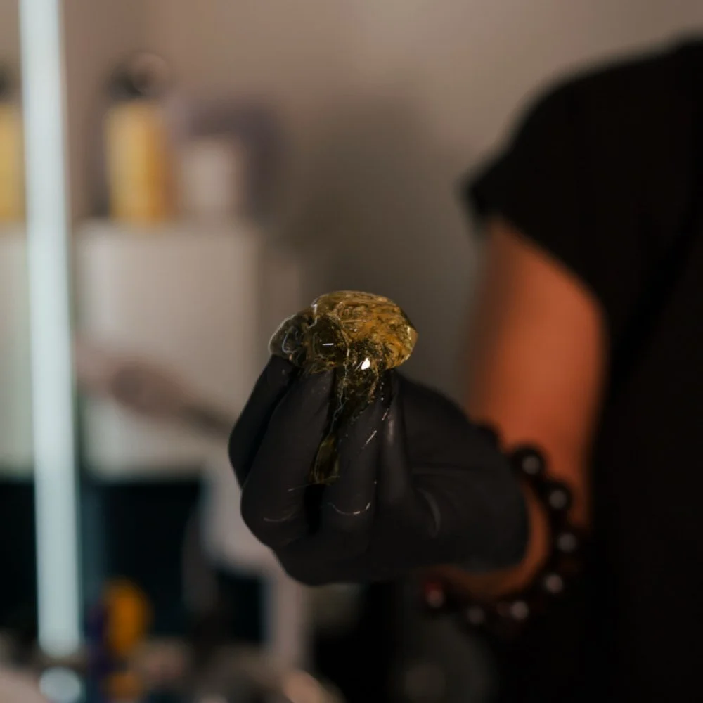 Person wearing black gloves holding a piece of amber or resin with embedded material inside.