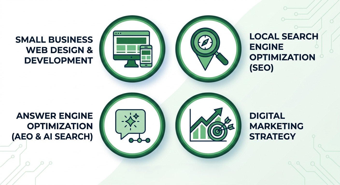Graphic showcasing four digital marketing services: web design and development, local SEO, AI and AEO search, and digital marketing strategy, each with corresponding icons.