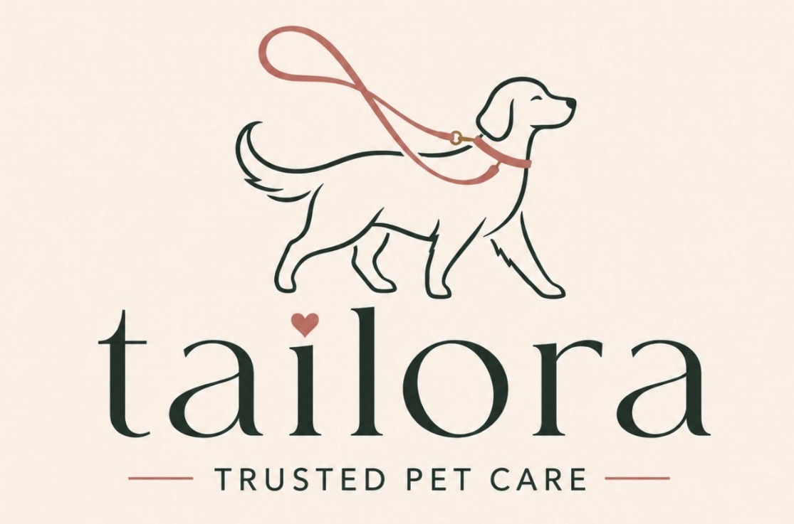 Logo for Tailora Trusted Pet Care featuring a line drawing of a dog with a pink leash and a heart in the letter 'i' of the name.