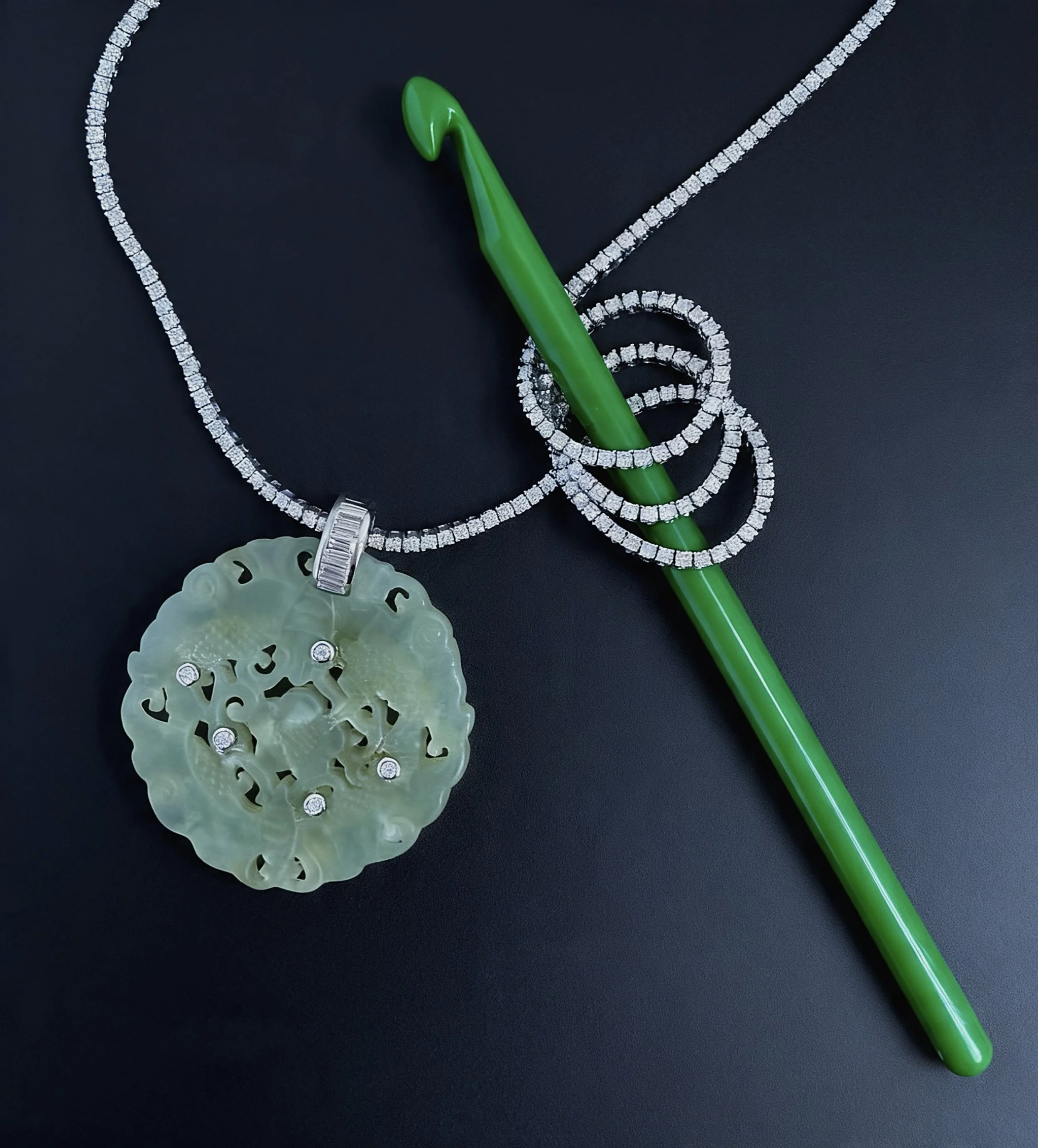 Chinese vintage design jade carve bat amulet pendant scattered with round diamonds and suspended from a baguette necklacebail.