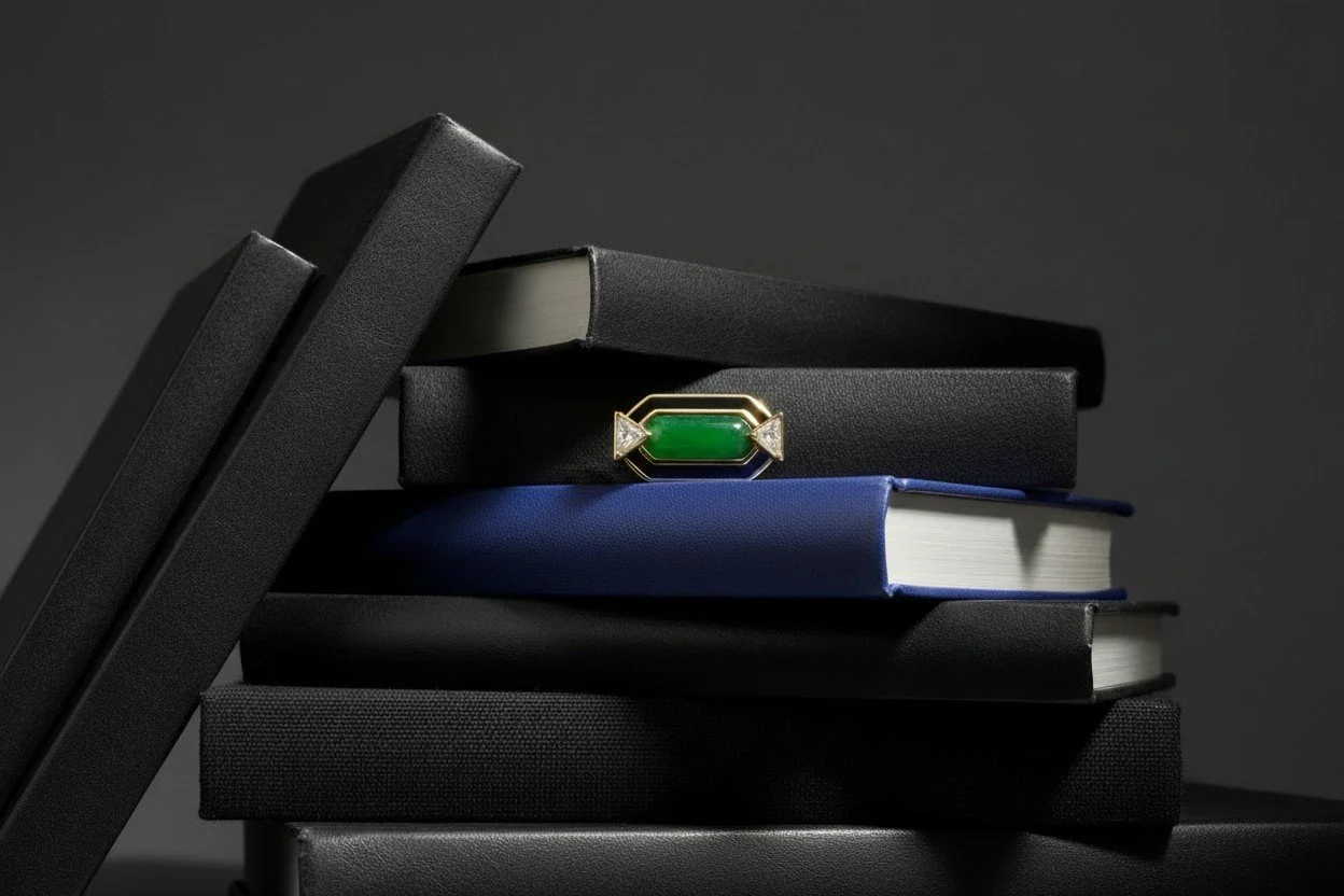 Imperial jade saddle signet ring with black enamel and trillion cut diamonds.