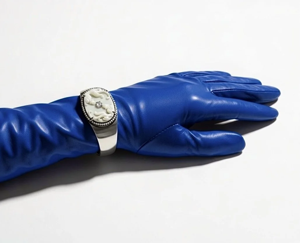 A blue leather glove with a decorative ring featuring a white crest and a rhinestone, placed on a white surface.