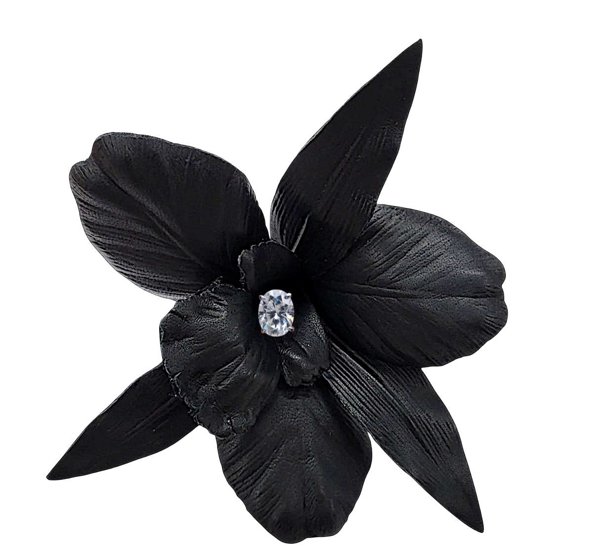 Black flower with a diamond in the center and a butterfly on one petal