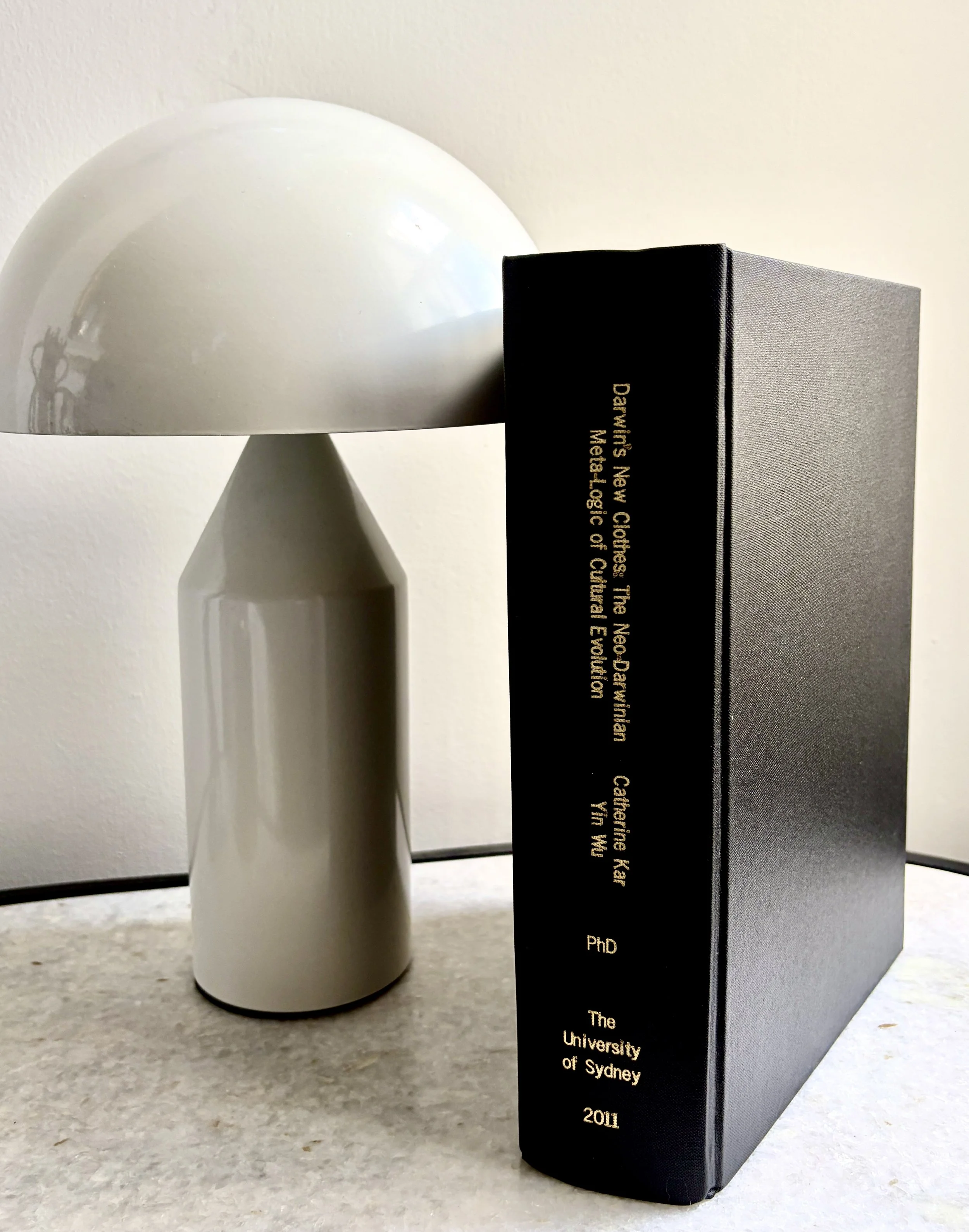 A white table lamp with a round shade and a cylindrical base next to a black hardcover book titled in gold text about a postgraduate course at the University of Sydney, with the year 2011 printed at the bottom.